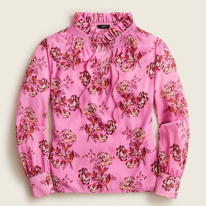 Drapey tie-neck ruffle top in marigold bouquets | J. Crew US