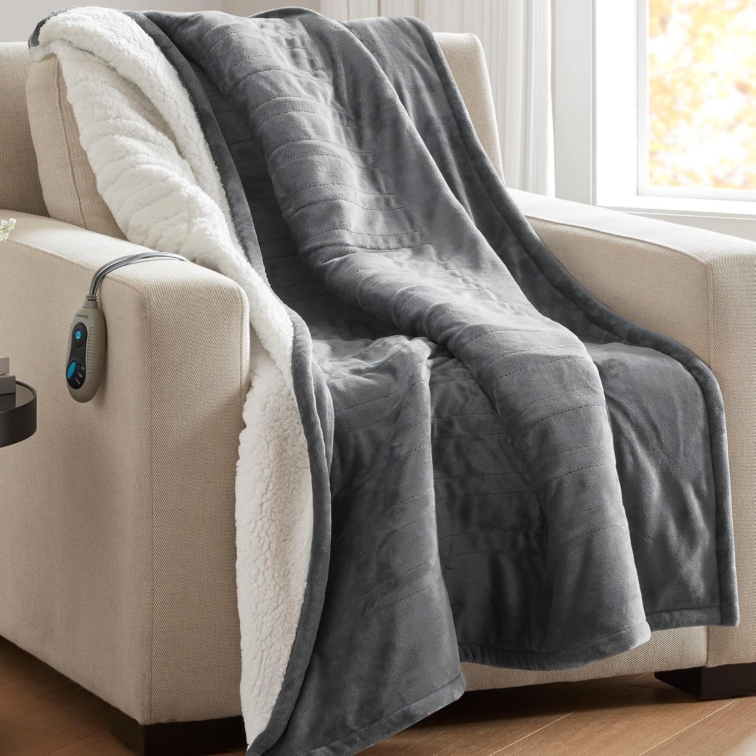 Beautyrest Reversible Heated Throw - Plush Sherpa Heating Blanket, Grey | Amazon (US)