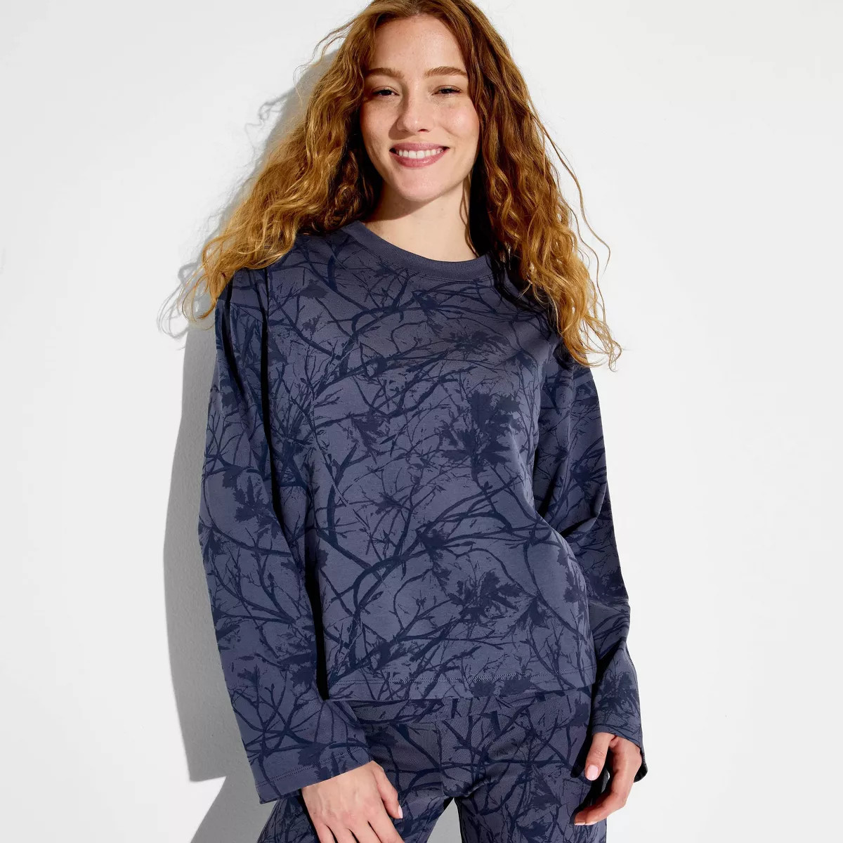 Women's Oversized Long Sleeve Roundneck T-Shirt - Wild Fable™ Slate Blue Floral XS | Target