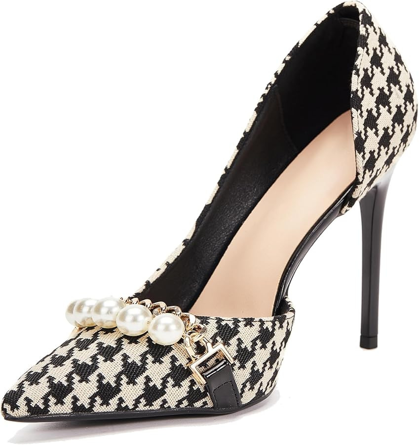 Womens Pumps Shoes High Heels Stiletto Pointed Closed Toe D'Orsay Elegant Houndstooth Pattern Des... | Amazon (US)