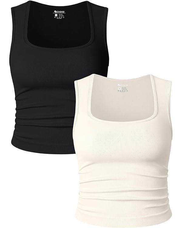 OQQ Womens 2 Piece Crop Tops Rueched Sleeveless Square Neck Stretch Basic Tank Shirts | Amazon (US)