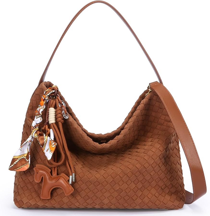 Suede Hobo Bags for Women Fall Woven Purse Slouchy Shoulder Crossbody Bag with Silk Scarf and Pon... | Amazon (US)