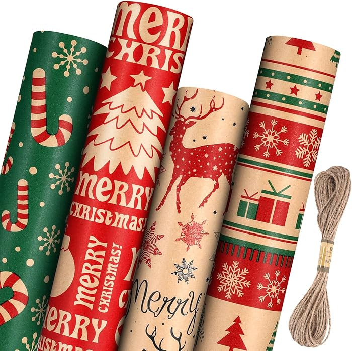 Panigkids Christmas Wrapping Paper Set with Jute Twine, Red, Green & Natural Kraft Rolls with Can... | Amazon (US)