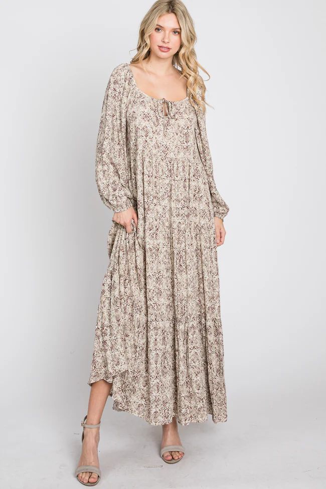 Beige Stamped Print Front Tie Tiered Maxi Dress | PinkBlush Maternity
