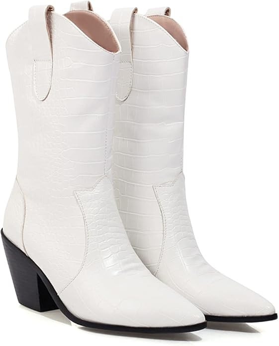 MOOMMO Women Chunky Stacked Heel Mid Calf Cowboy Boots Pointed Toe Pull On Crocodile Boots Wide C... | Amazon (US)