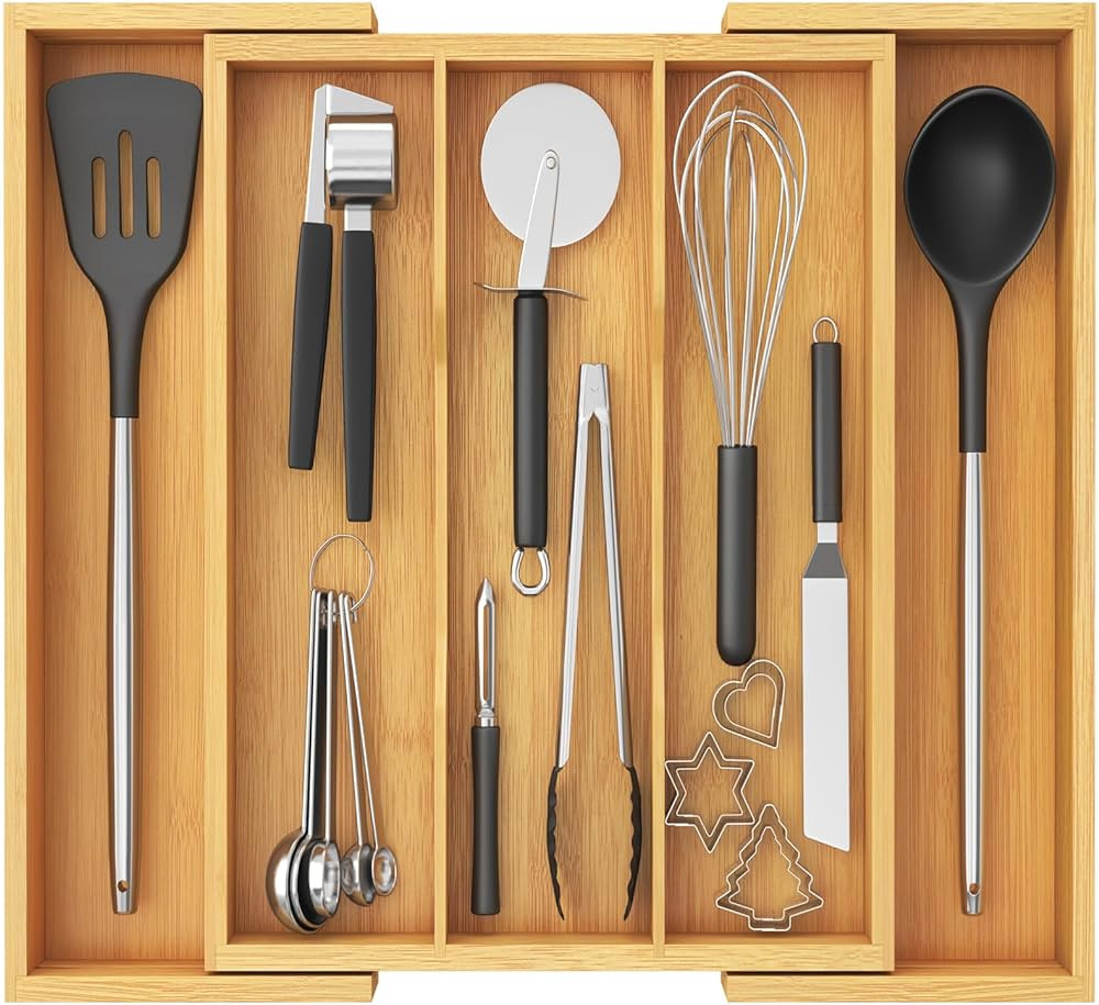 Lifewit Utensil Organizer for Kitchen Drawer, Expandable Cooking Utensil Tray, Bamboo Cutlery Sil... | Amazon (US)