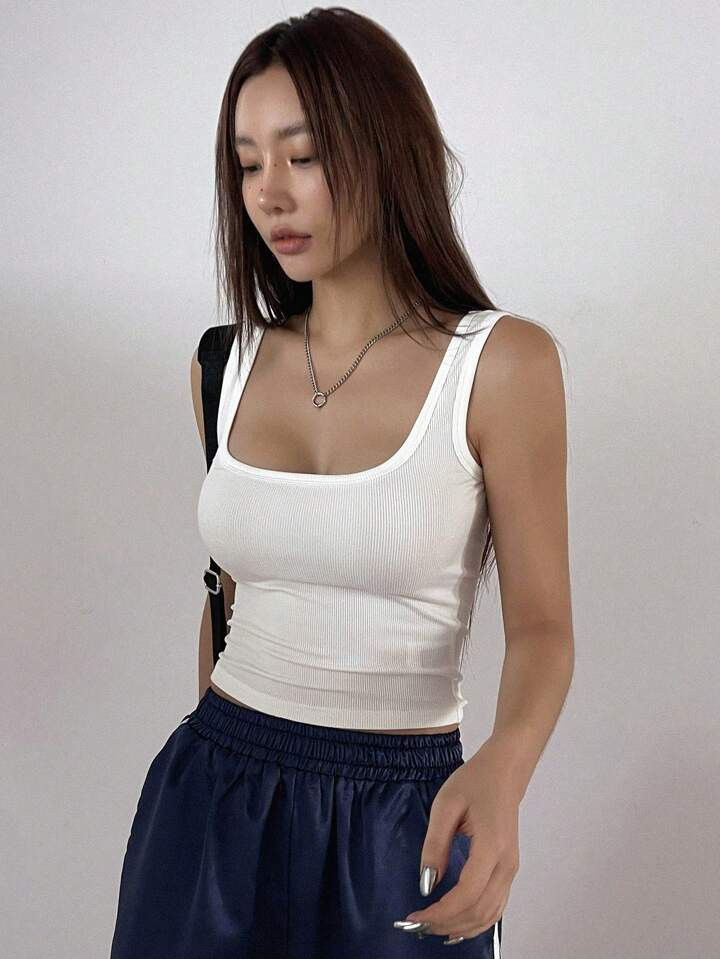 DAZY Solid Color Cropped U Neck Tight Tank Top Summer | SHEIN