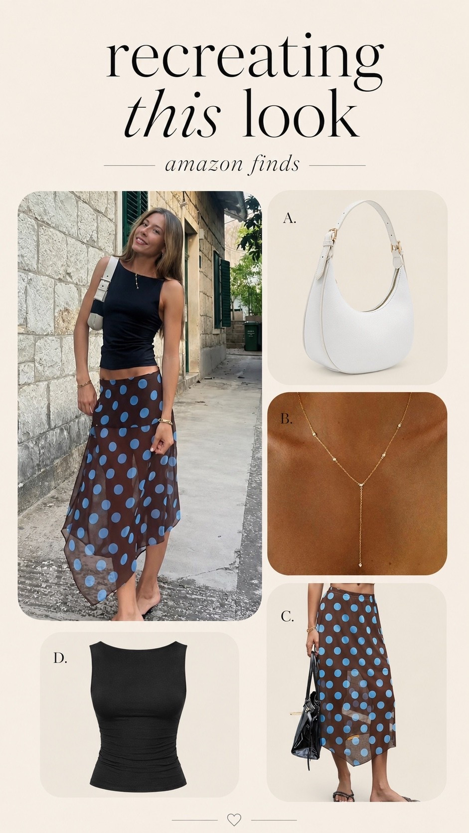 recreating this chic Pinterest outfit with Amazon finds 🤎✨ the cutest summer outfit inspo with a black boat neck tank, polka dot midi skirt, dainty gold necklace, white shoulder bag, and effortless classy accessories. Comment “outfits” to recreate — everything is linked in my LTK!

#amazonfinds #amazonfashion #amazonoutfit #outfitrecreation #pinterestoutfit #summeroutfit #classyoutfit #chicoutfit #affordablefashion #ltkfinds #collegegirlstyle #styledbycollegegirl

#LTKdayinmylife #LTKootd #LTKU