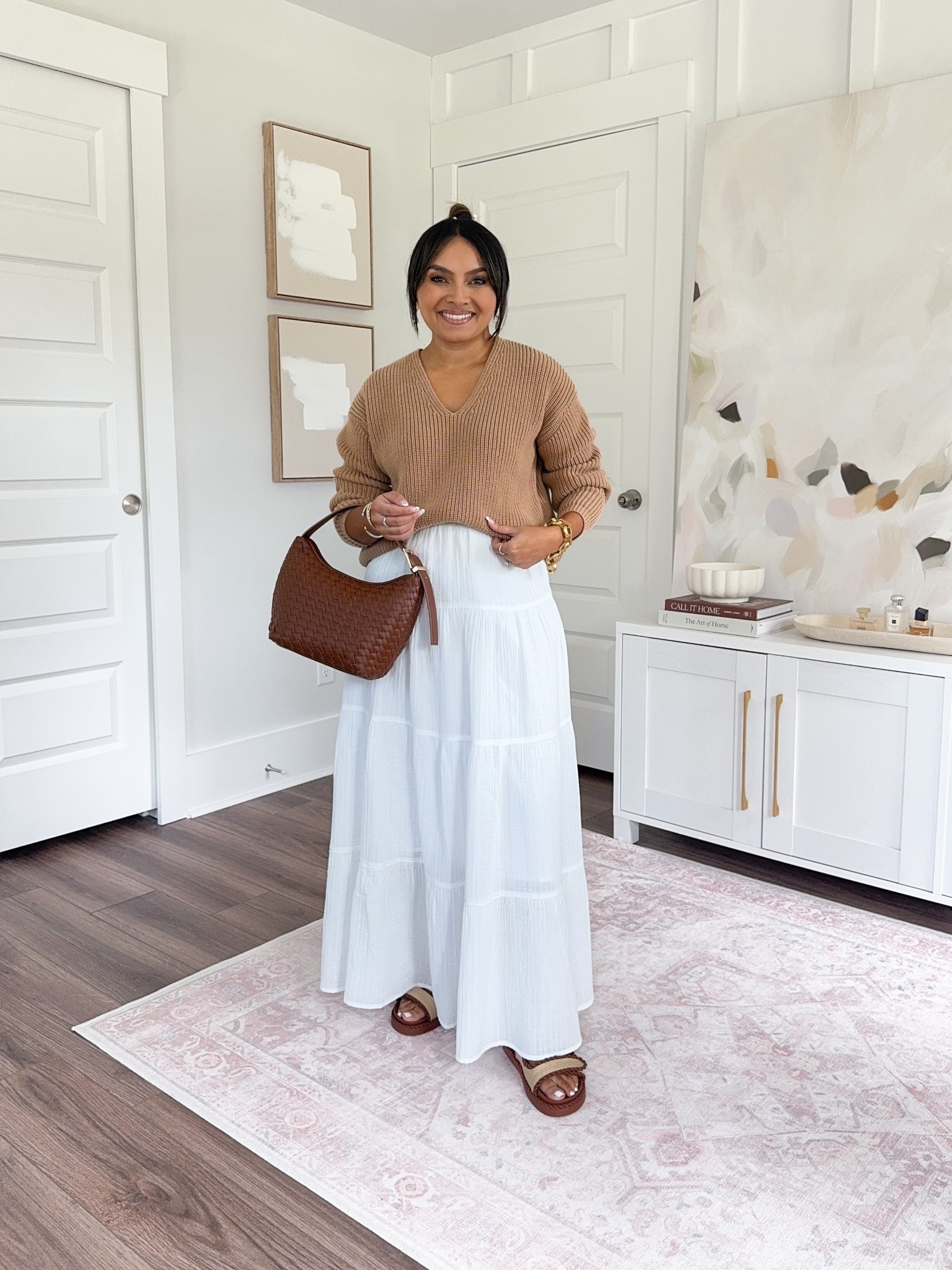 Tan camel sweater size xs TTS
White maxi skirt size - xs TTS 
Brown sandals size 5 TTS


#LTKPetite #LTKStyleTip #LTKSaleAlert