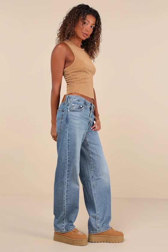 Baggy Dad Medium Wash Cotton Denim Mid-Rise Wide-Leg Jeans | Lulus