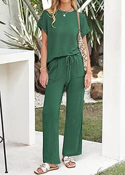 KIRUNDO 2 Piece Sets for Women Dressy Casual Ribbed Knit Short Sleeve Tops Wide Leg Pants Lounge ... | Amazon (US)