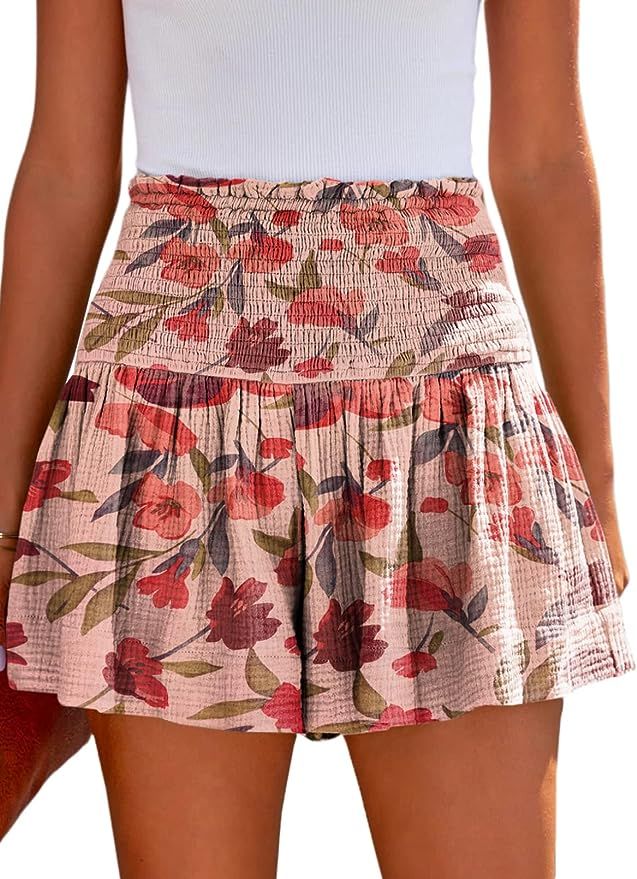 Dokotoo Womens Shorts Cotton High Elastic Waisted Pleated Ruffle Cute Shorts Beach Flowy Casual S... | Amazon (US)
