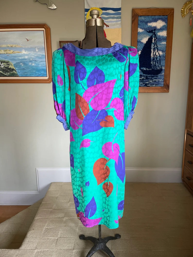 Flora Kung silk leaf brocade rare early shift dress vintage 80s designer | Etsy (Global)
