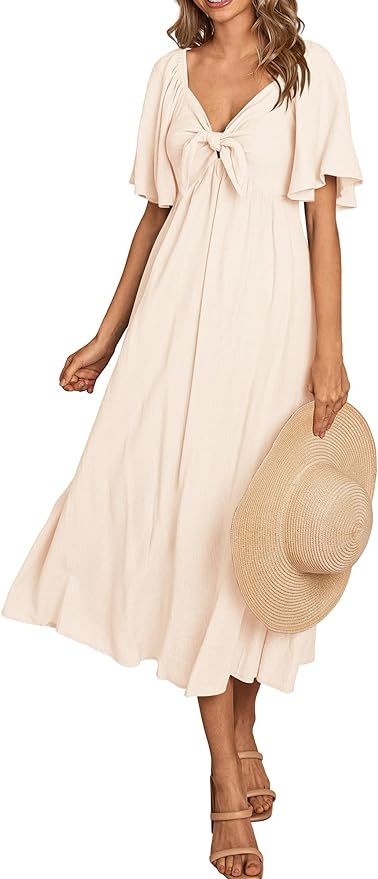 PRETTYGARDEN Summer Dress for Women 2024 Casual Short Sleeve Bow Tie V Neck Ruffle Midi Flowy Dre... | Amazon (US)