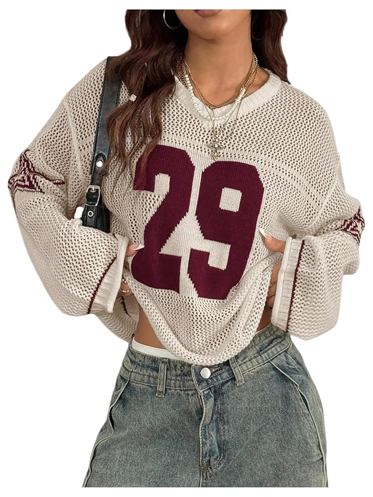 Women's Y2k Going Out Tops Oversized Jersey Shirt Graphic V Neck Crochet Pullover Sweater Long Sl... | Amazon (US)