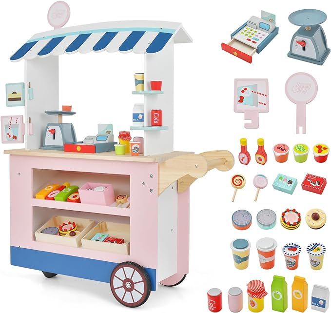 HONEY JOY Kids Food Cart, 30-Piece Toddler Pretend Play Grocery Store Playset w/Cash Register & S... | Amazon (US)