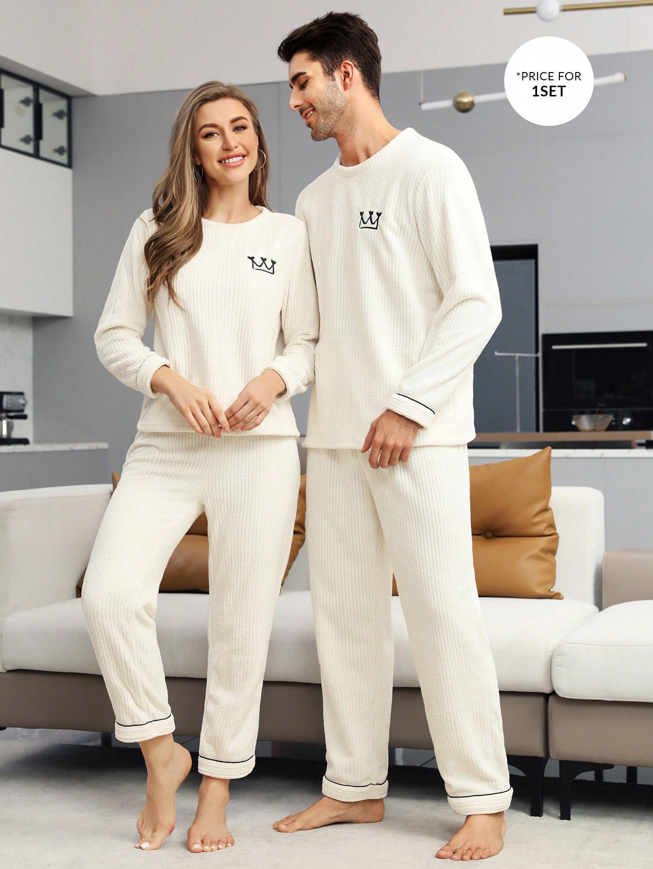 1pc Letter Embroidery Contrast Piping Flannel PJ Set | SHEIN