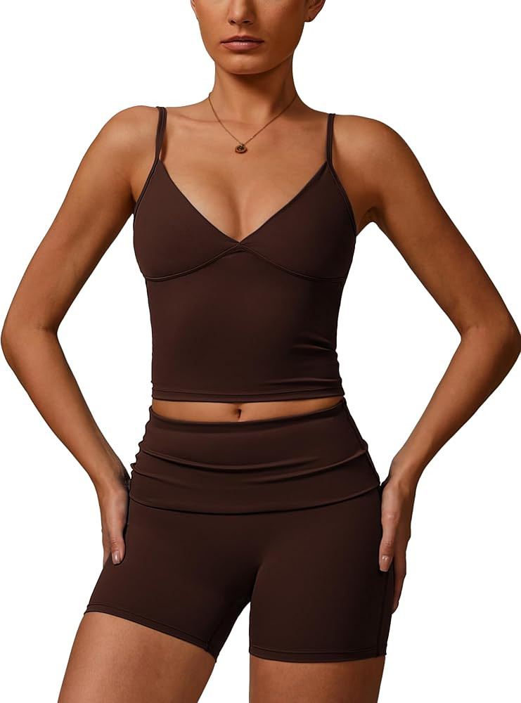 Workout Sets for Women 2 Piece Compression Sports Bra and Fold-over High Waisted Yoga Leggings Sh... | Amazon (US)