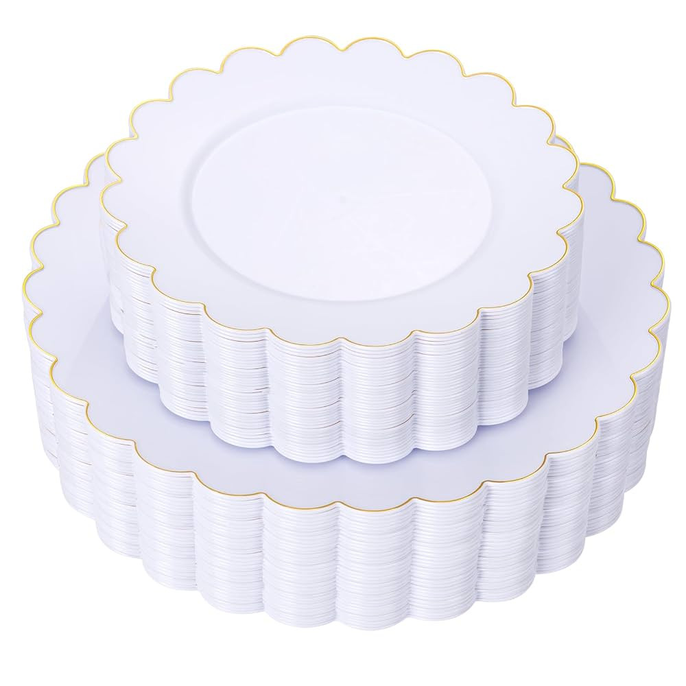 LIYH 60 Pcs White Scalloped Plastic Plates with Gold Rimmed - Gold Disposable Plastic Combo Plate... | Amazon (US)