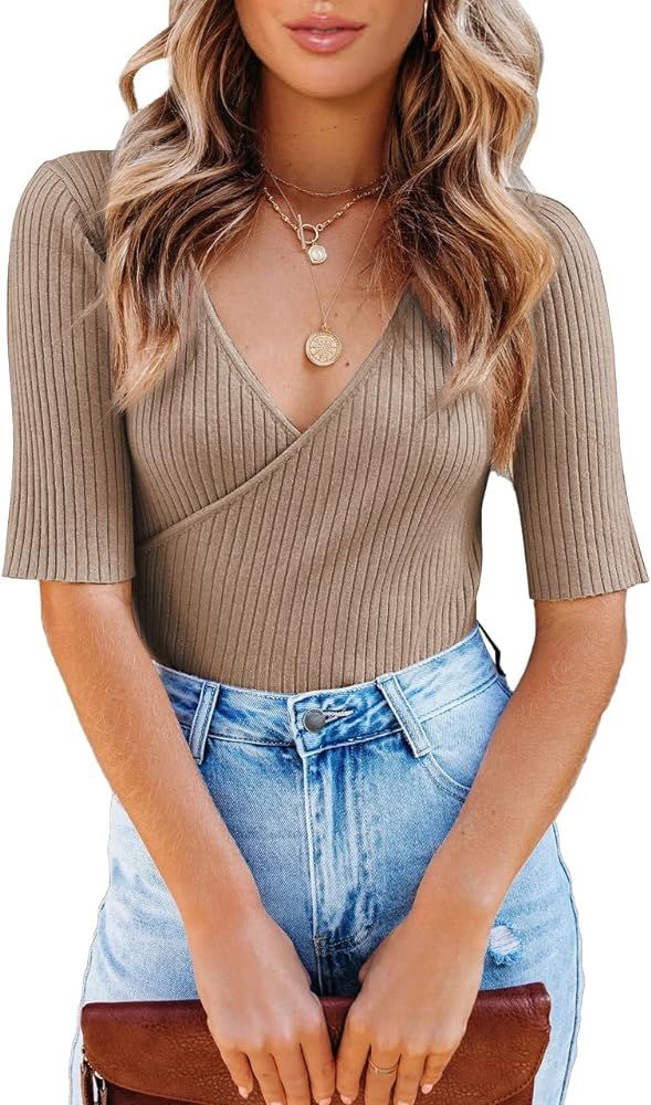 PRETTYGARDEN Women's Wrap V Neck Short Sleeve Shirts Ribbed Knit Tunic Tops T Shirts | Amazon (US)