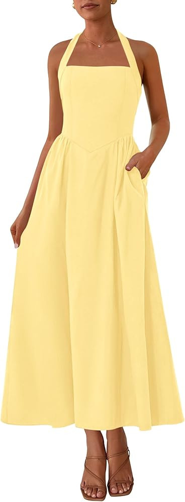 KIRUNDO Women Summer Sleeveless Halter Maxi Dress Sundress 2025 Casual Flowy Wedding Guest Cockta... | Amazon (US)