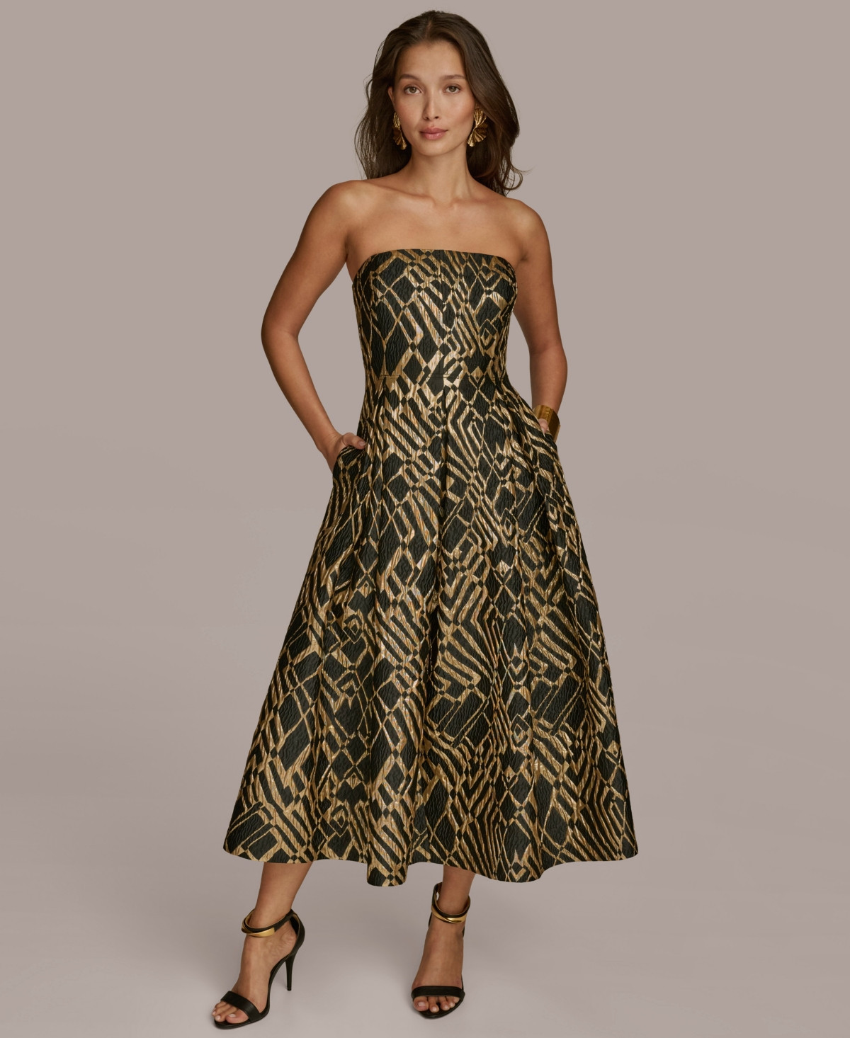 Donna Karan New York Women's Strapless Fit and Flare Midi Dress - Black/Sand Multi | Macy's