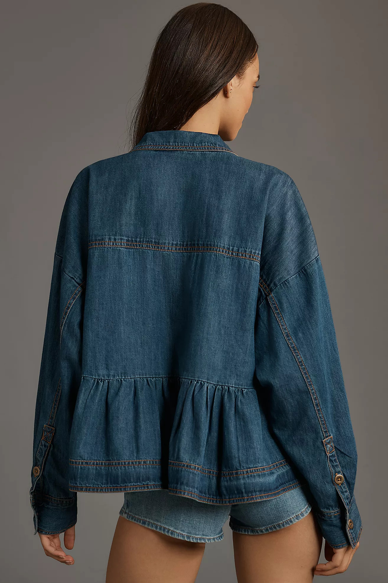 Pilcro Long-Sleeve Denim Crop Babydoll Top | Anthropologie (US)