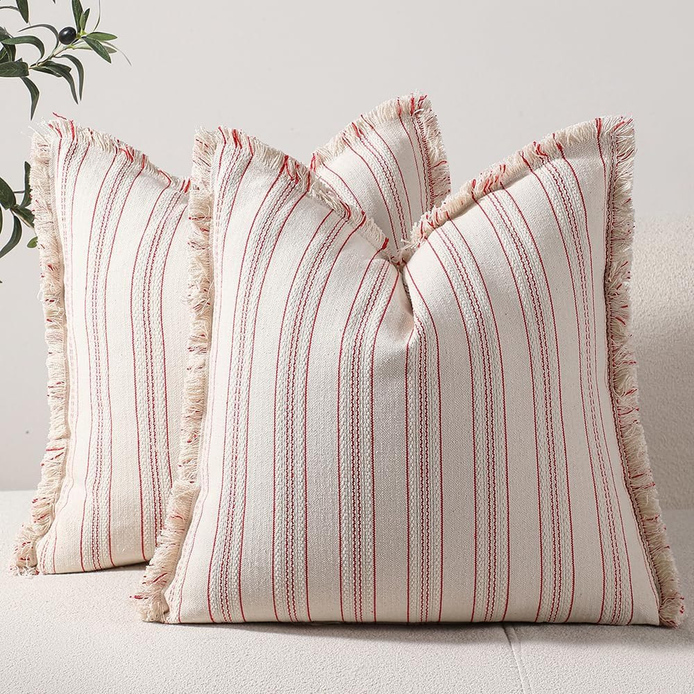 Striped Farmhouse Pillow Covers 18x18 Set of 2 Red and Beige Throw Pillow Covers with Fringe Chic... | Amazon (US)