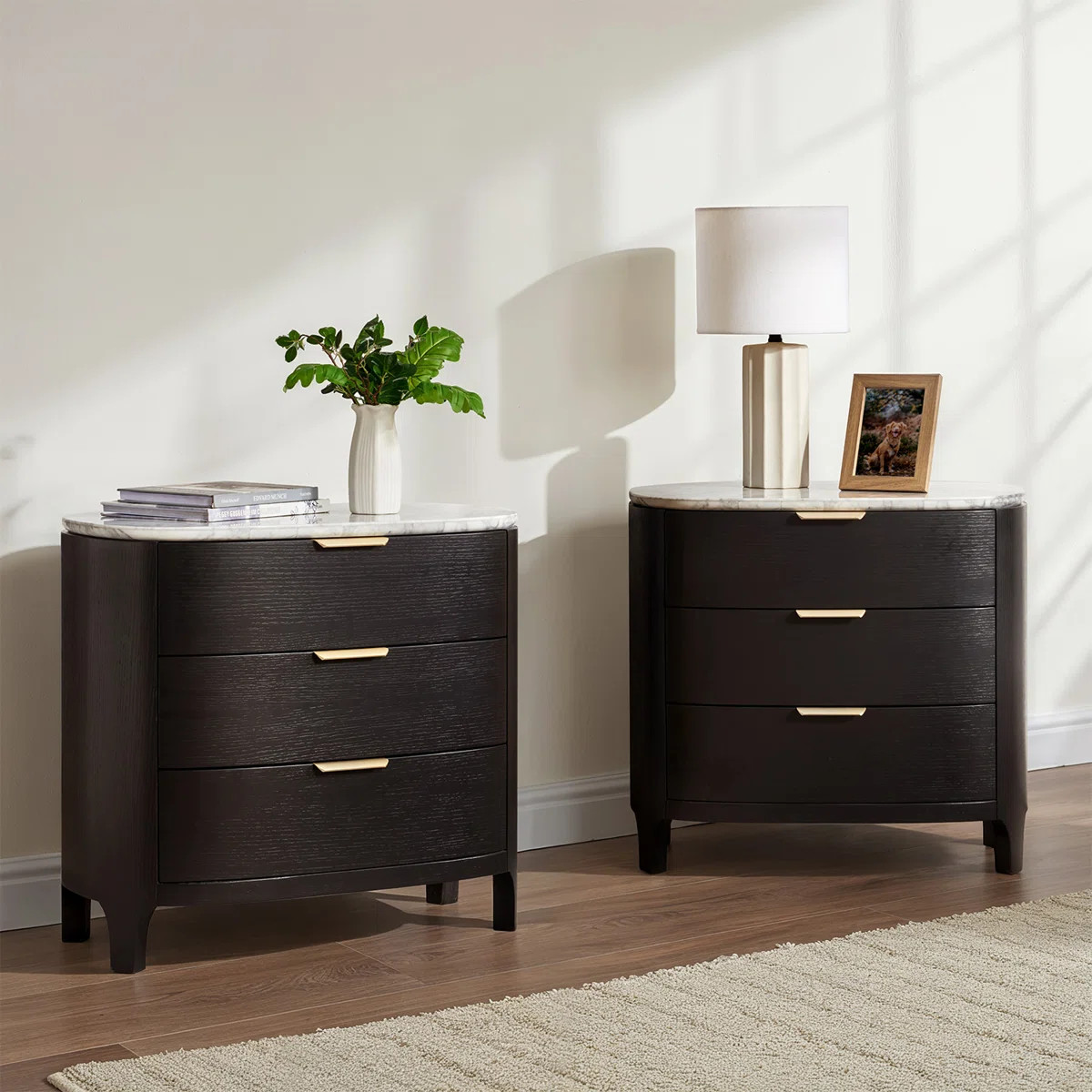Burdine Giselle Modern 28" W 3 Drawer Solid Wood Nightstand with Marble Top and Oak Veneer (Set o... | Wayfair North America