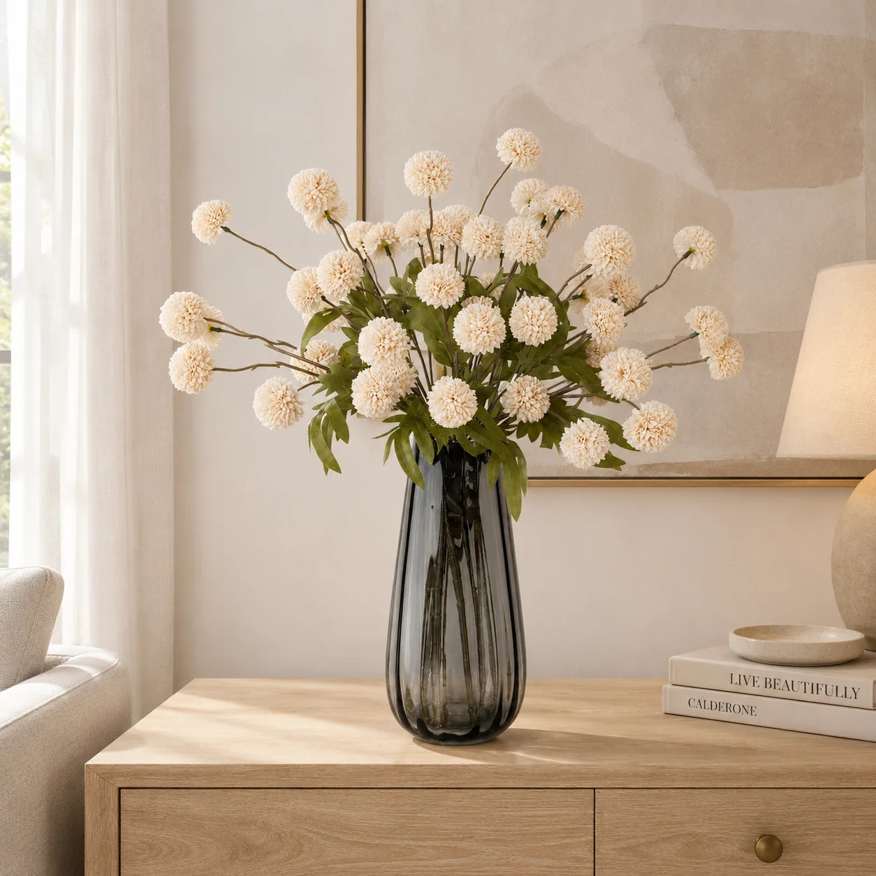 10-Stem Faux Silk Chrysanthemum Arrangement in Smoky Gray Glass Vase | Wayfair North America