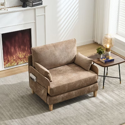 PAGED Comfy Accent Chair Foldable Sofa Bed Recliner Mid-century Lounge Chair with Pillows and Removable Side Pockets for Living Room, Light Brown | Target