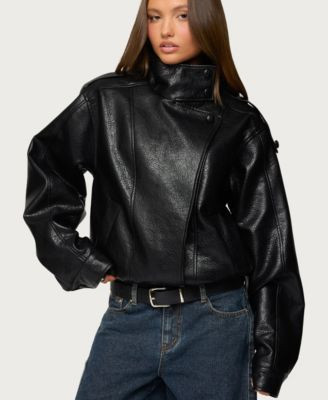 Edikted Women's Jaicee High Neck Oversized Faux Leather Jacket - Black | Macy's