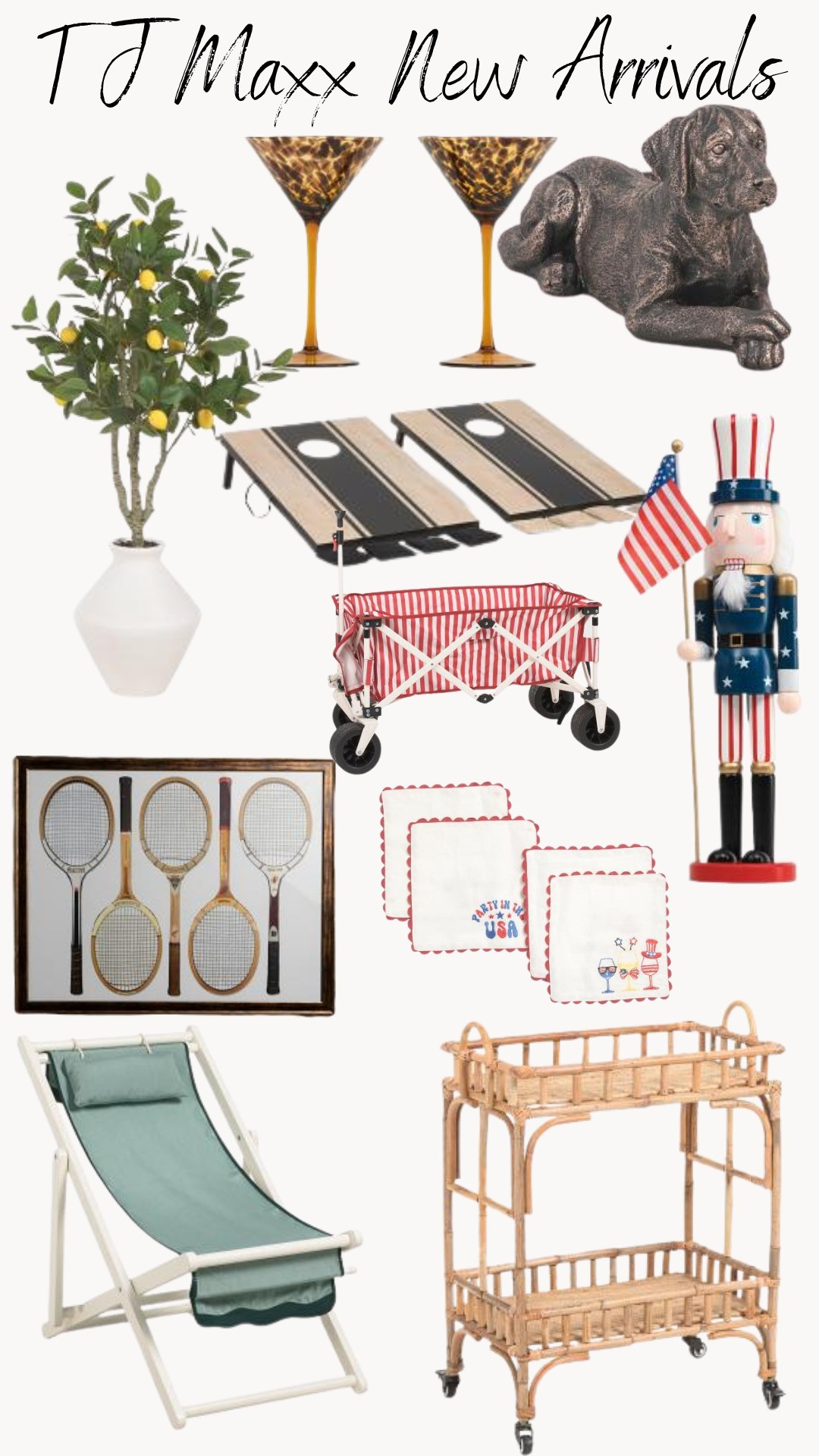 T J Maxx new ArrivalsHome vibes, summer vacation, beach carts, pool carts, lemon trees, martini glasses, entertaining, holidays, fourth of July, figs, garden stones, garden decor, pictures, yard games, corn hole, parties, families, friends, cicktail napkins, drinks, coasters, 

#LTKHome #LTKSeasonal #LTKSaleAlert