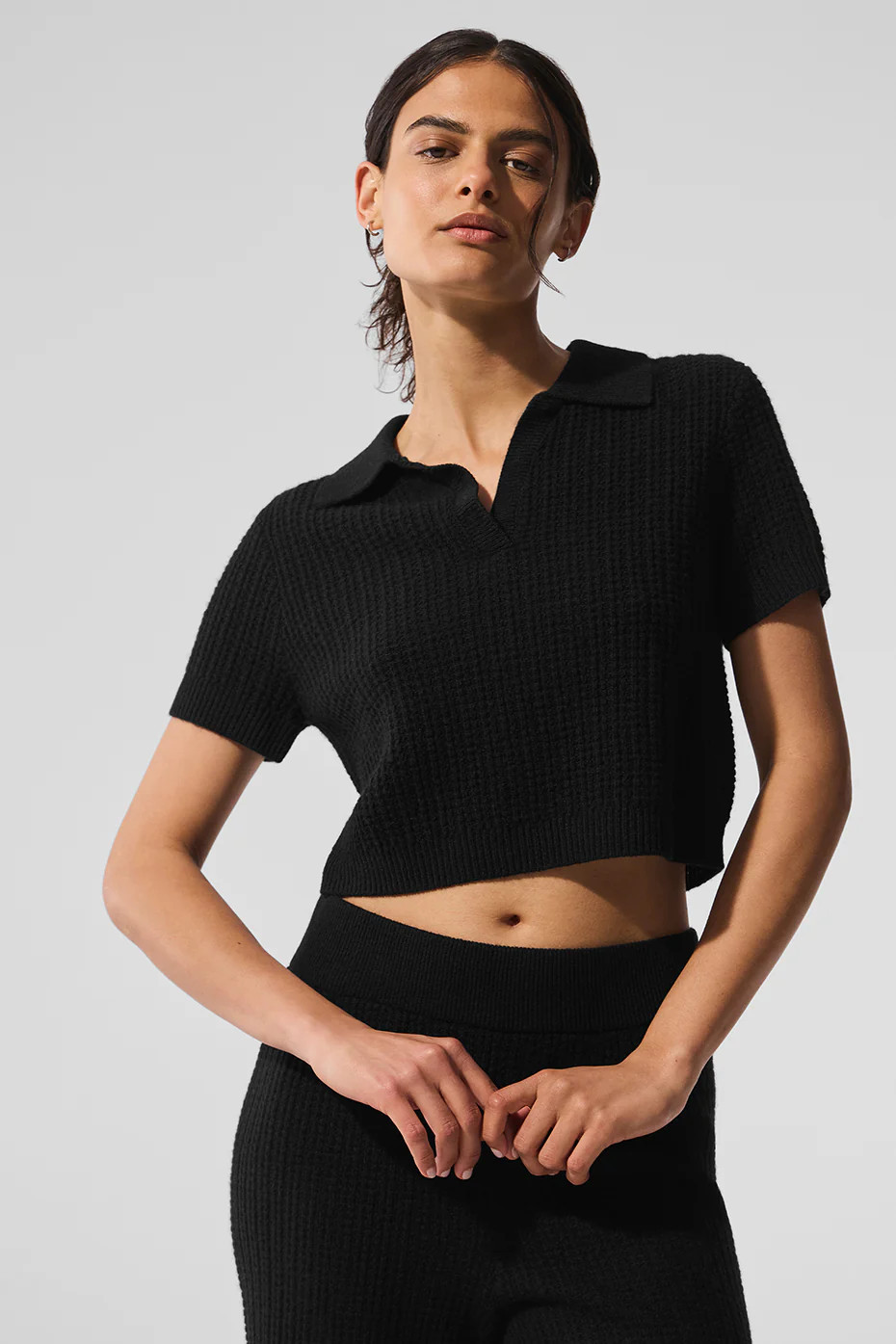 Alo Yoga� | Cashmere Plush Waffle Polo T-Shirt in Black, Size: Small | Alo Yoga (US)