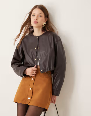 ASOS DESIGN collarless leather look jacket in brown | ASOS (Global)