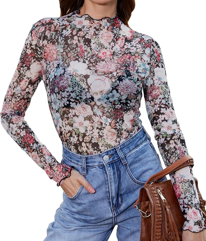 Womens Lace Long Sleeve Mesh Top Mock Neck Sheer Blouse See Through Floral Layering Shirt | Amazon (US)