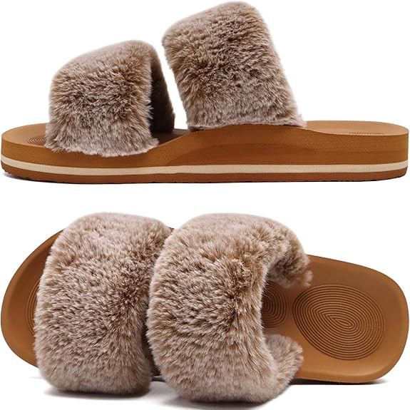 COFACE Womens Slides Fuzzy Slippers Open Toe Fluff Slippers With Arch Support Plantar Fasciitis O... | Amazon (US)