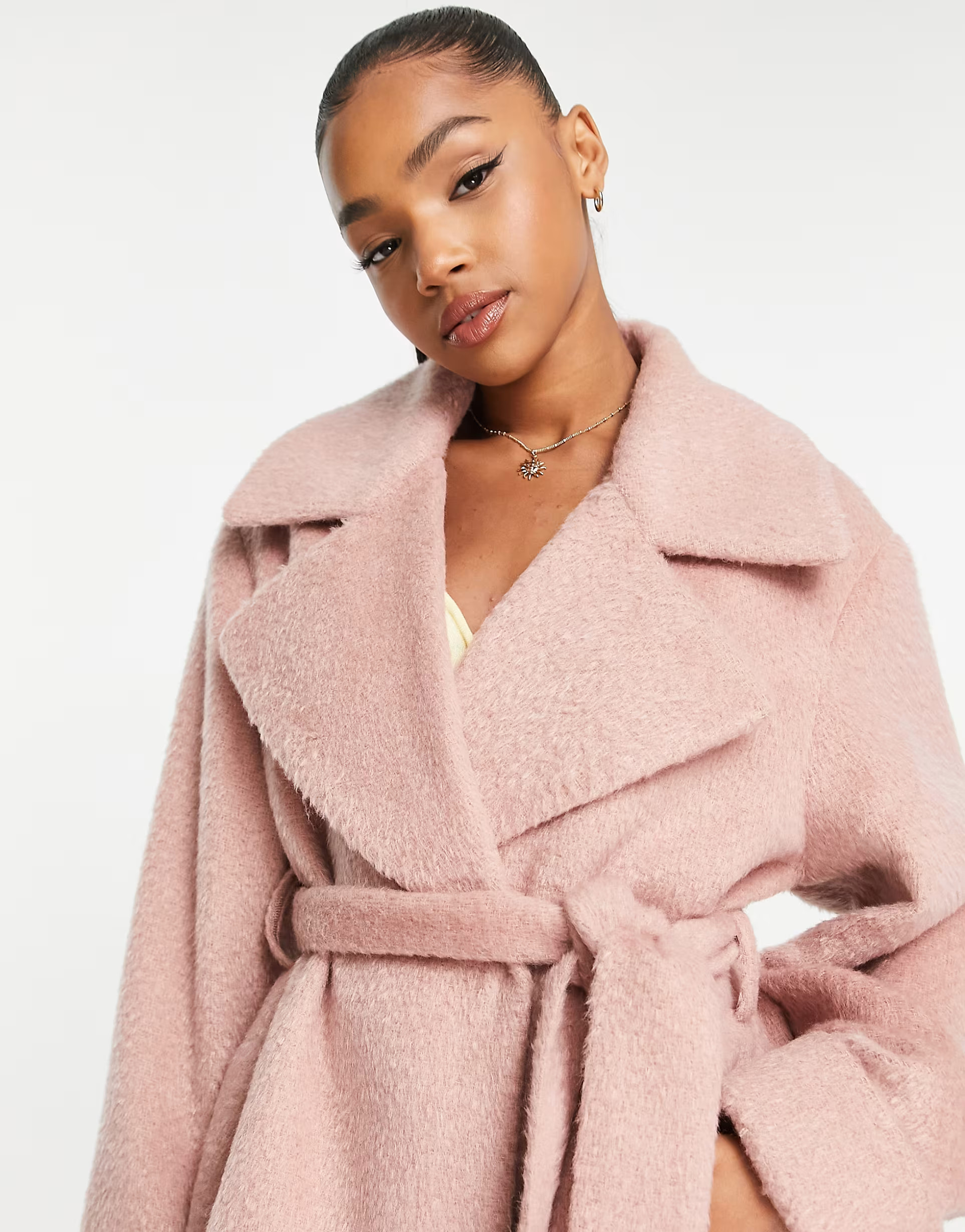 ASOS DESIGN smart brushed belted coat in pink | ASOS (Global)