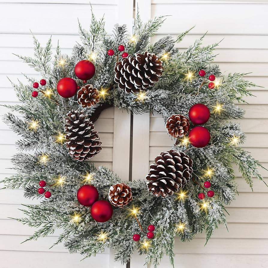 Christmas Wreath with Lights 24 Inch PreLit Christmas Wreaths for Front Door with Large Pinecones... | Amazon (US)