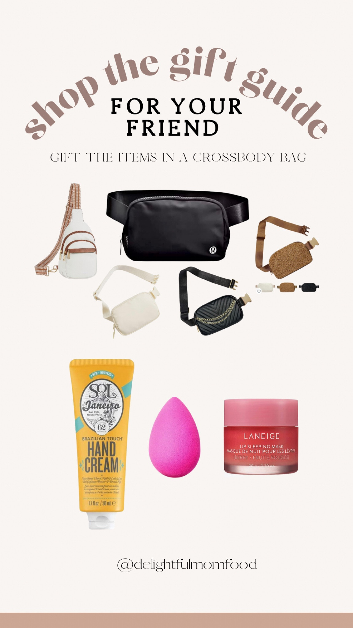 Gifts for girlfriends! My friend gifted me a lululemon crossbody bag filled with this lip sleeping mask, hand cream, and beauty makeup blender. I loved it!!! This makes a thoughtful gift and I use it everyday! 

#LTKHoliday #LTKbeauty #LTKGiftGuide