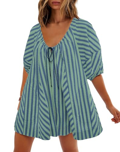 SENSERISE Womens Oversized Striped Romper Dress Shorts Jumpsuit Travel Outfit Beach Vacation Clothes with Pockets(Mint Green,XL) | Amazon (US)
