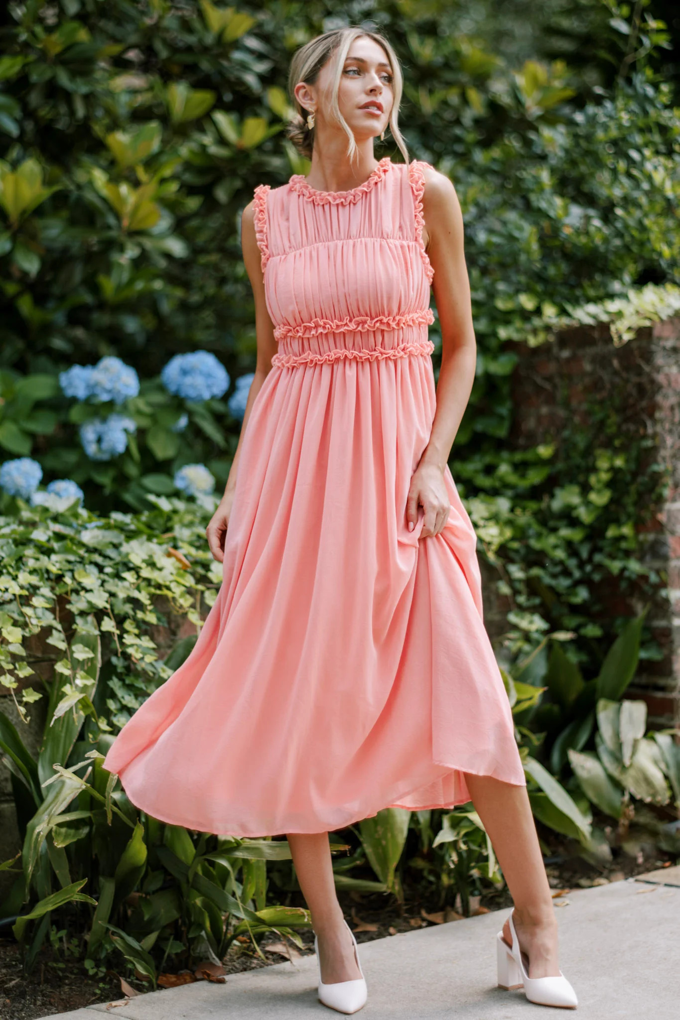 Graceful Gathering Pink Coral Sleeveless Midi Dress | Red Dress