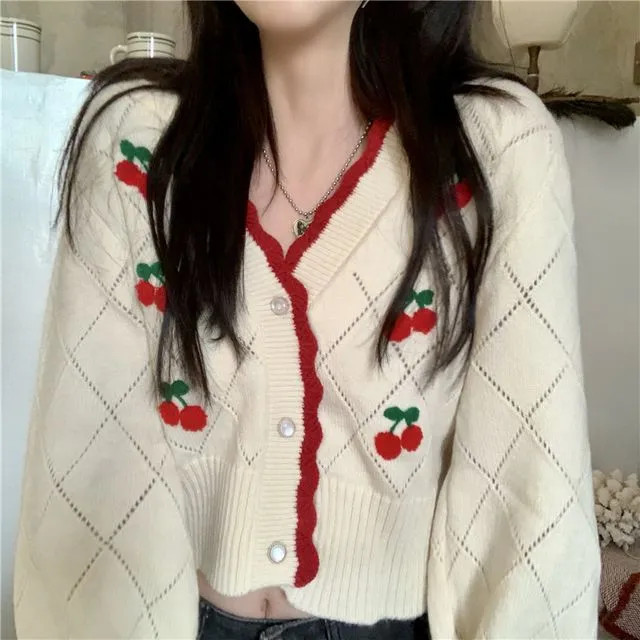 Pecora - Cherry Print Cropped Cardigan | YesStyle Global