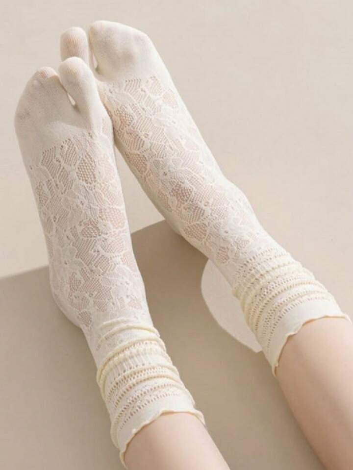 1 Pair Women's Japanese Style Tabi Lace Trim Majilaloryta Two Toe Socks | SHEIN