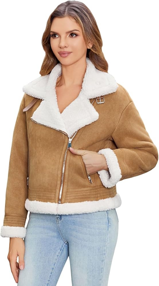 DIASHINY Women's Faux Shearing Fur Winter Coat Warm Thick Fur Lined Faux Leather Jacket | Amazon (US)