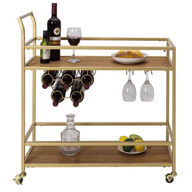 Bar Serving Cart 2 Tiers Gold Metal Frame with Wine Rack and Wheels U200224 - Walmart.com | Walmart (US)