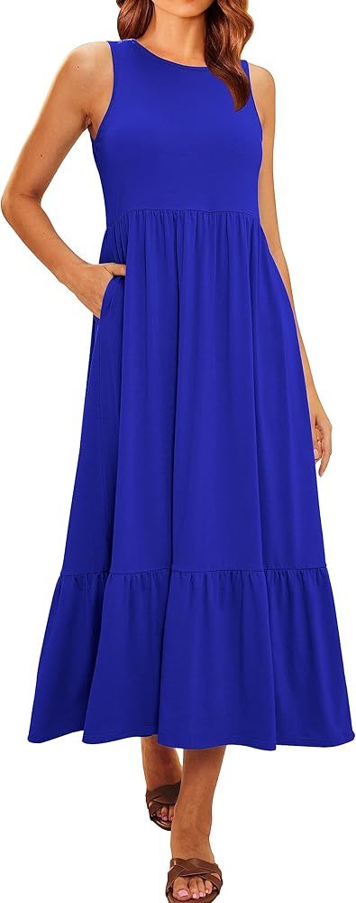 LILLUSORY Womens Summer Casual Sleeveless Round Neck Flowy Midi Dresses with Pockets | Amazon (US)