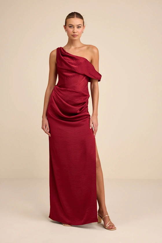 Aviana Dark Red Satin Asymmetrical Maxi Dress | Lulus