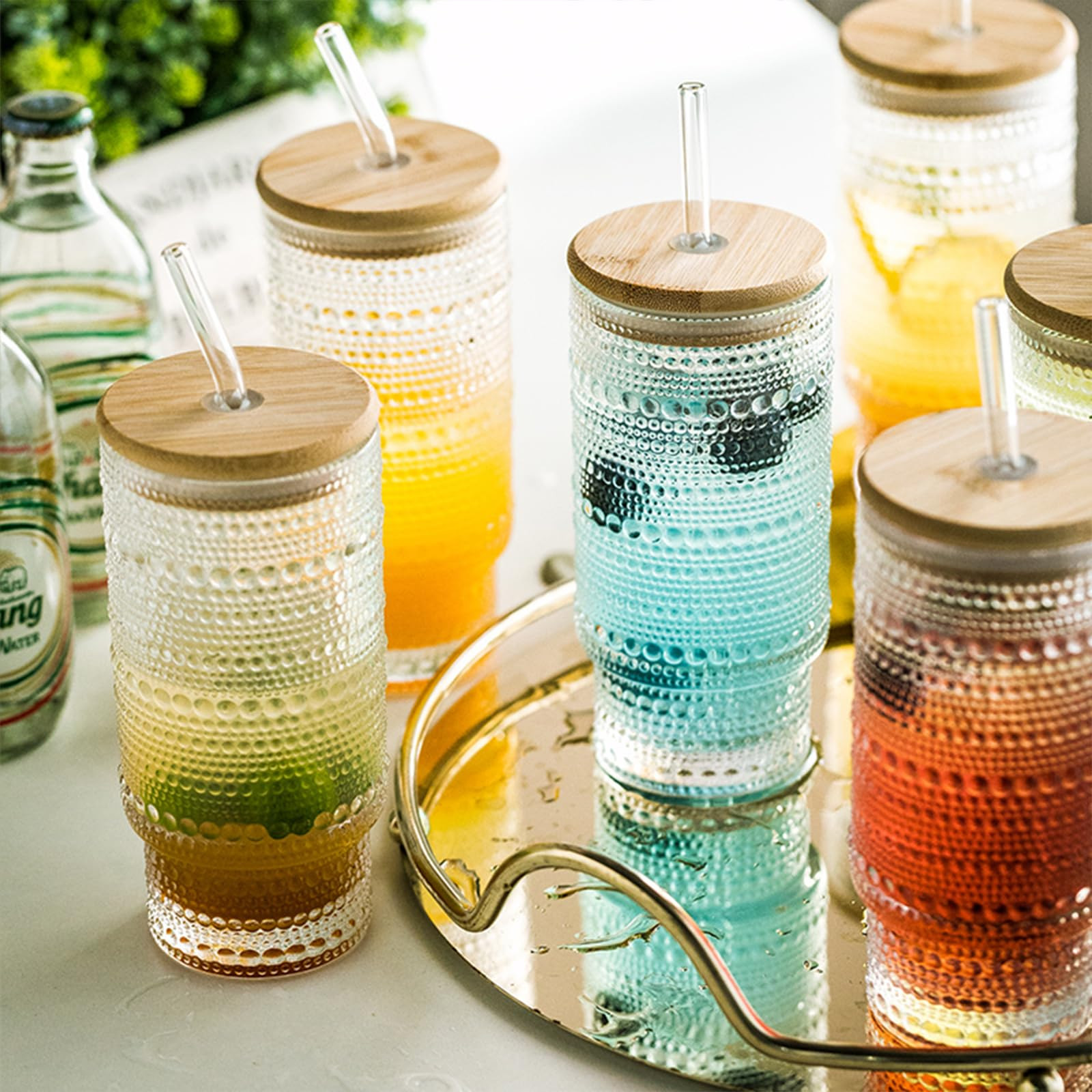 KEMORELA Set of 6 Hobnail Drinking Glasses with Cool Glassware Lid and Straw, 16oz XL Highball Bu... | Amazon (US)