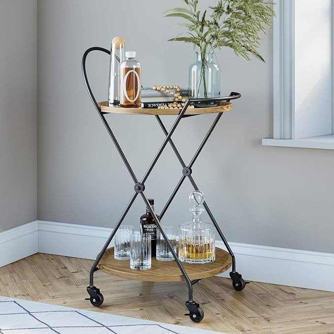 Nathan James Sage Retro Mid-Century Round Rolling Bar Serving Cart with 2-Tier Trays and Powder C... | Amazon (US)